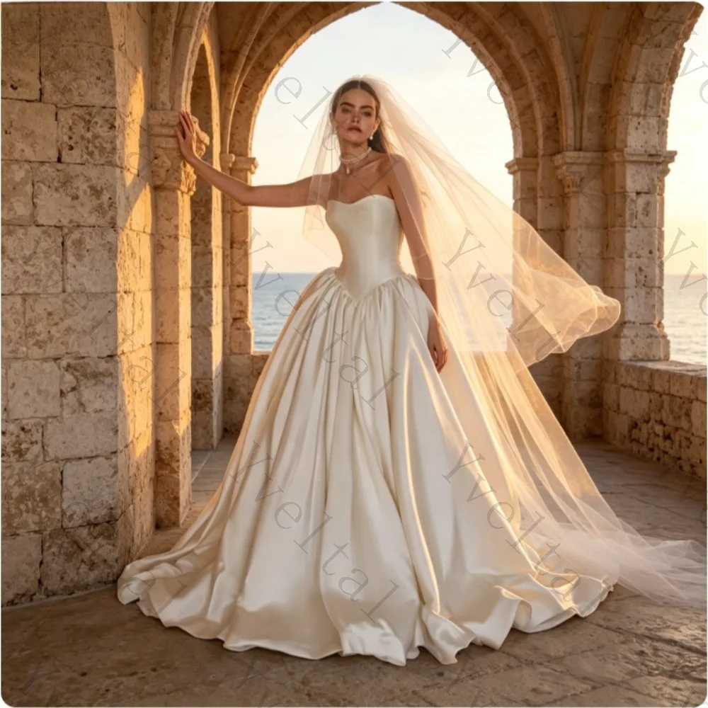Customized  Graceful Temperament Simple A Line Wedding Gowns Sweetheart Strapless Sweep Train Satin Fascinating Bridal Gown