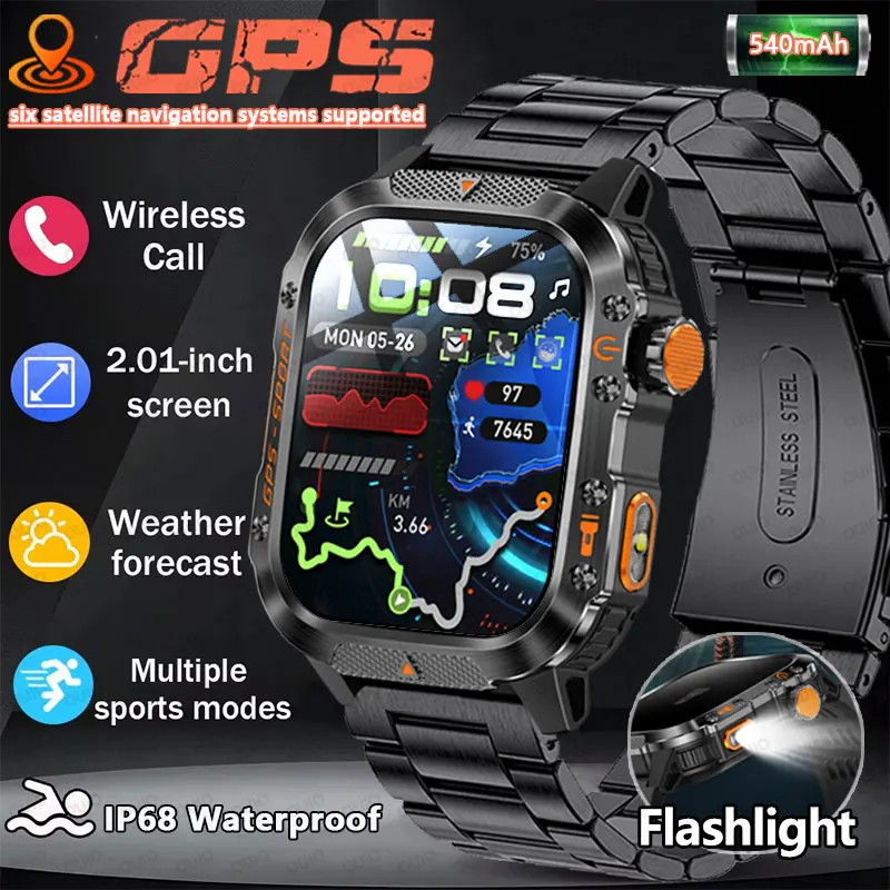 

Новые умные часы с точным позиционированием GPS, 2,01 дюйма, HD AMOLED-экран, фонарик, 3 атм, водонепроницаемый компас, пульсометр, спортивные умные часы