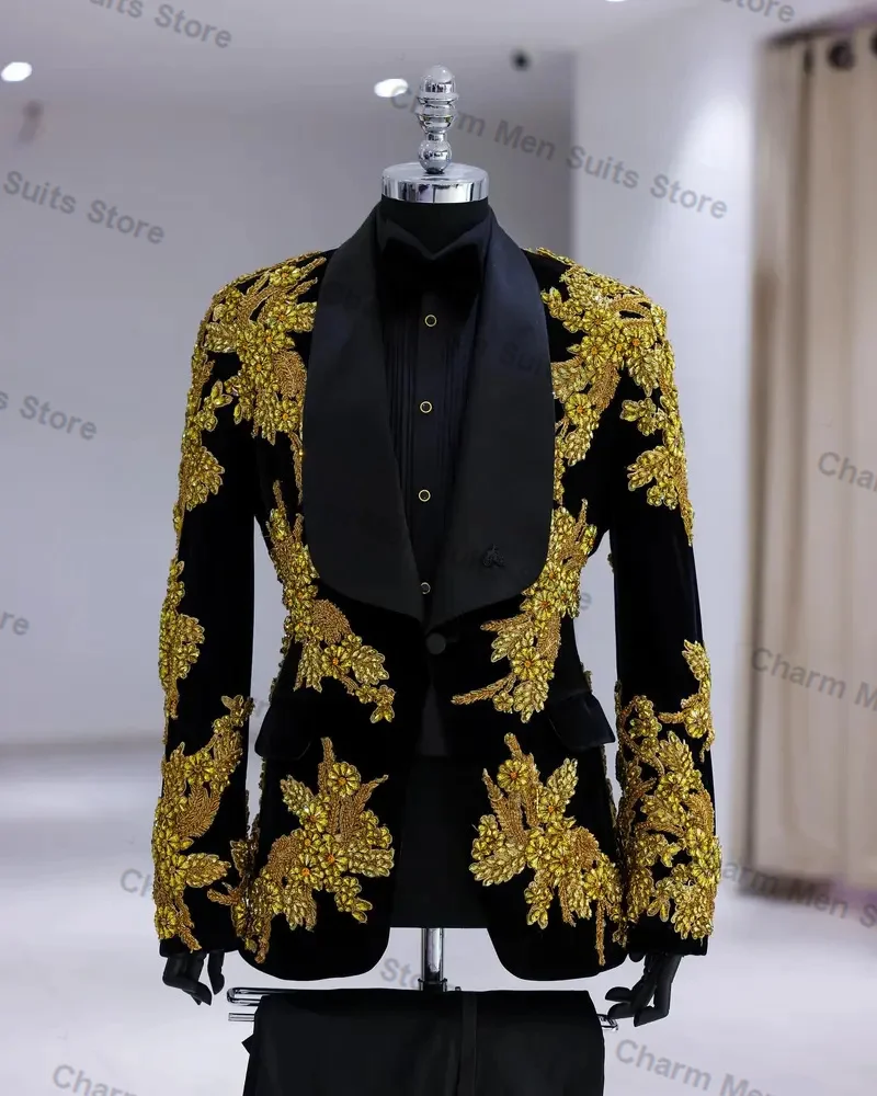 

Black Velvet Men Suits Set 2 Piece Blazer+Pants Custom Size Golden Appliqued Jacket Office Formal Groom Wedding Tuxedo Prom Coat