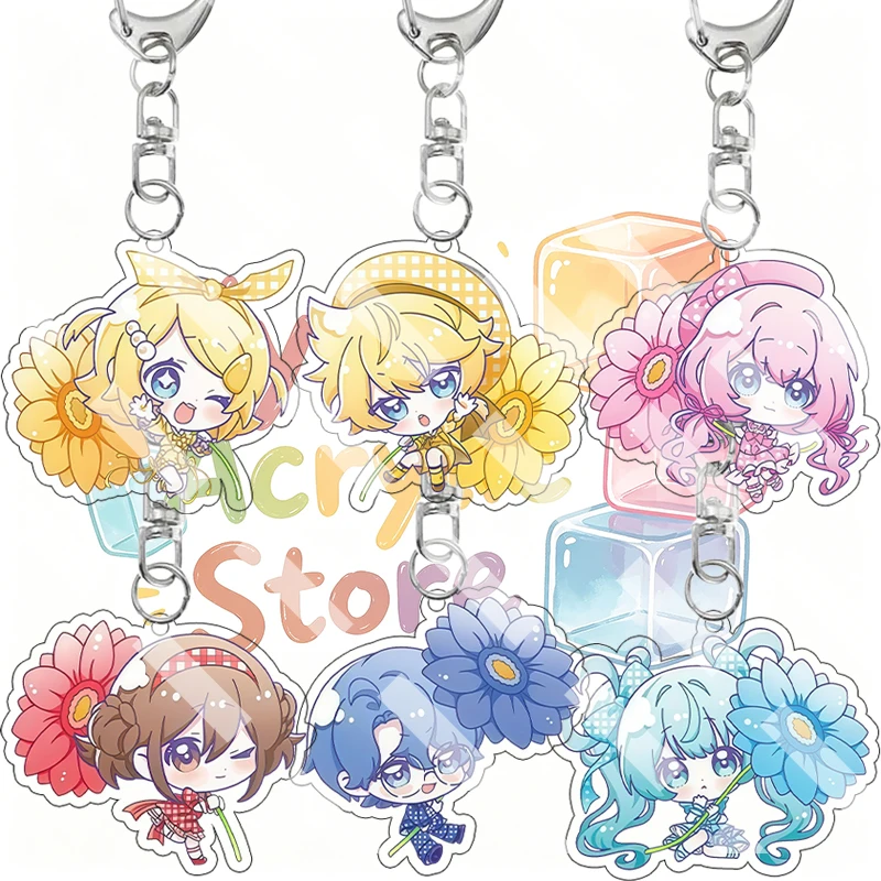 Llavero de acrílico con diseño floral de girasol estilo Q de Vocaloid, Hatsune Miku, Kagamine Rin Len, Megurine, colgante para bolso con temática de anime pastoral primaveral