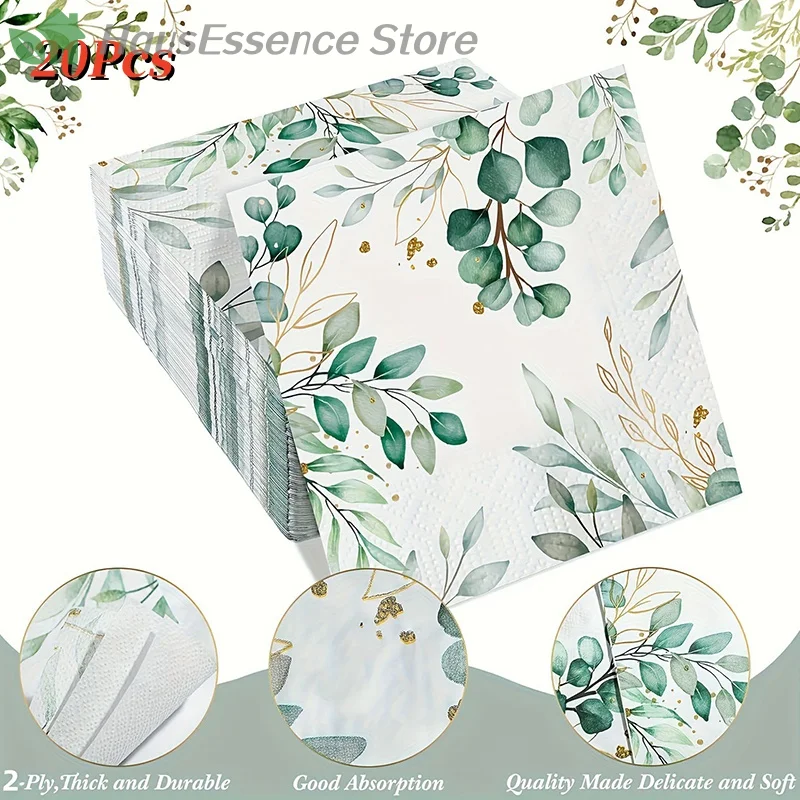 ※20pieces/set Eucalyptus Napkins Disposable Hand Towels Green Leaves Napkin Table Mariage Cloth Tissue 25x25centimeter/33