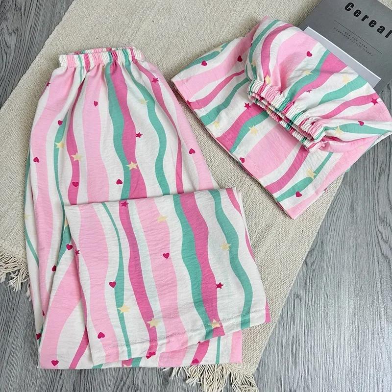 Pajama Pants Women Summer White Cartoon Kitten Trousers Thin Student Home Pants Rainbow Stripes High Waist Straight Leg Loose 5