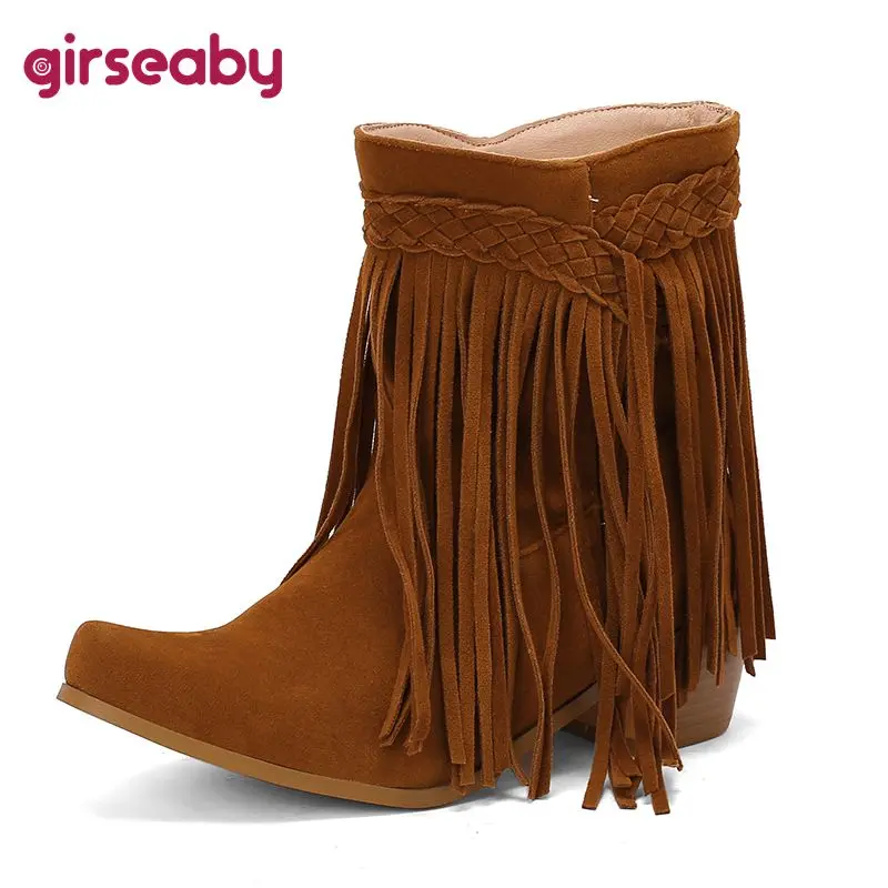 

Girseaby Замшевые женские ботильоны из флока без шнуровки, большой размер 44 45 46 для отдыха, винтажные повседневные ботильоны с бахромой и квадратным носком, блочные каблуки 5 см