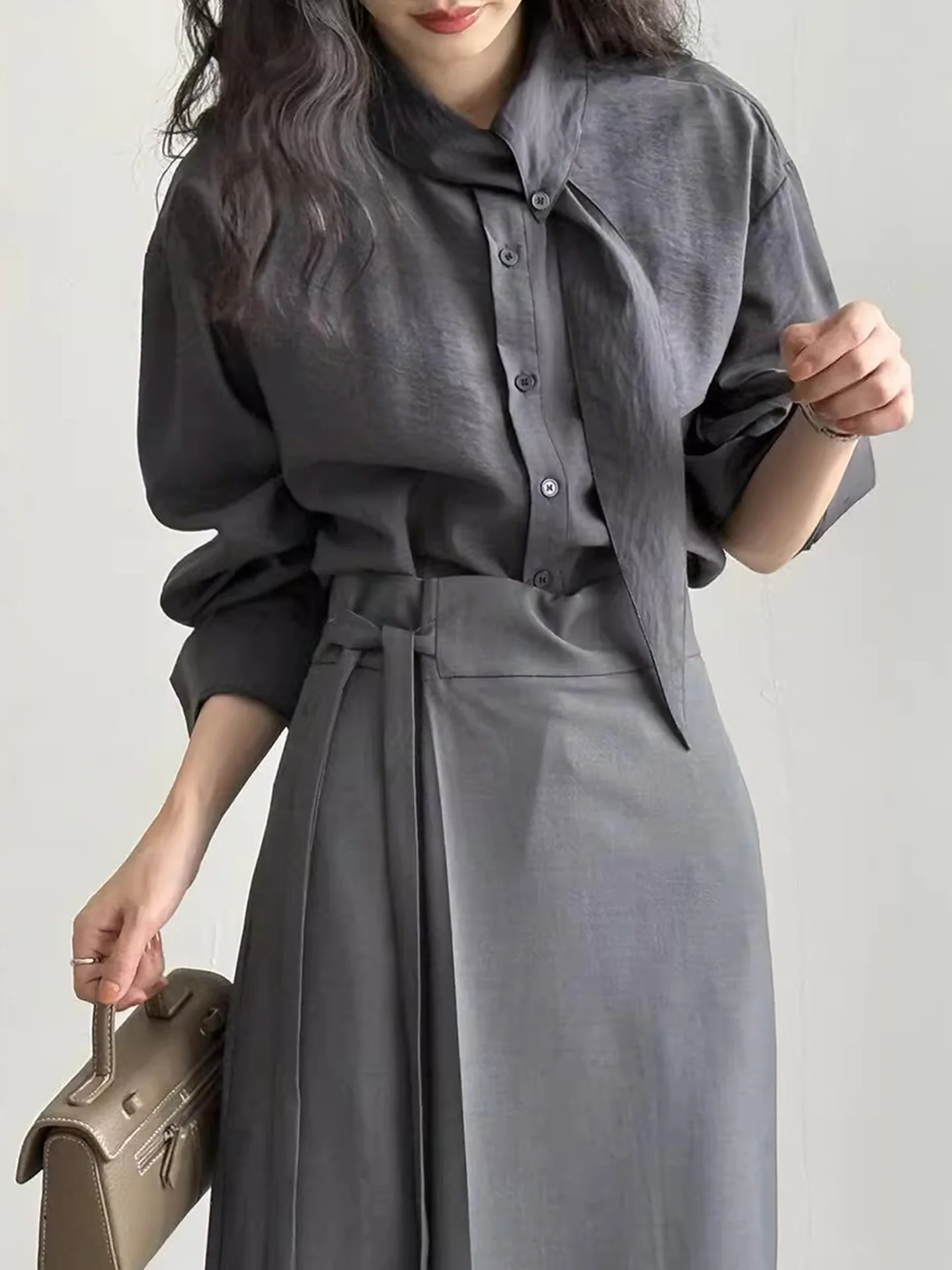 Korean Sle Long Sve irt Women's Spring Autumn Commuter Loose Scarf Collar Casual Slimming Versatile Top Trendy