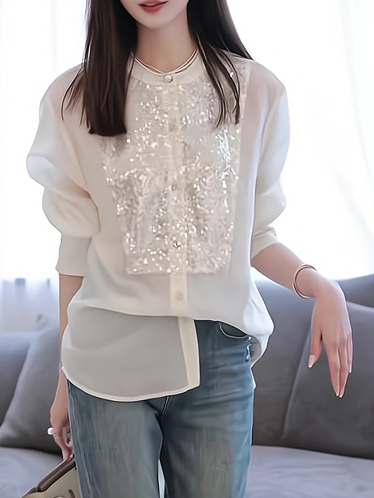 

Элегантная блузка с пайетками и длинным рукавом, красивый дизайн, свободный крой в корейском стиле, для повседневной носки, весенняя коллекция, женская, премиум-класса