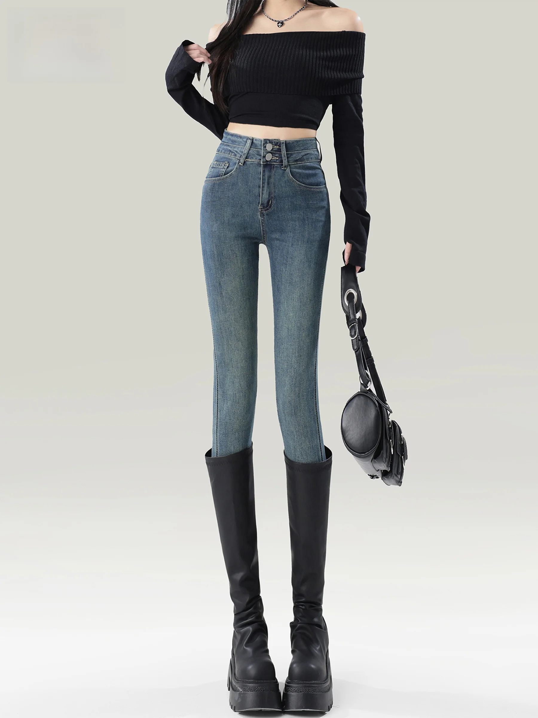 

Женские джинсы с высокой талией на флисовой подкладке, эластичные облегающие брюки-карандаш, осенне-зимняя новинка, износостойкие, глубокого цвета