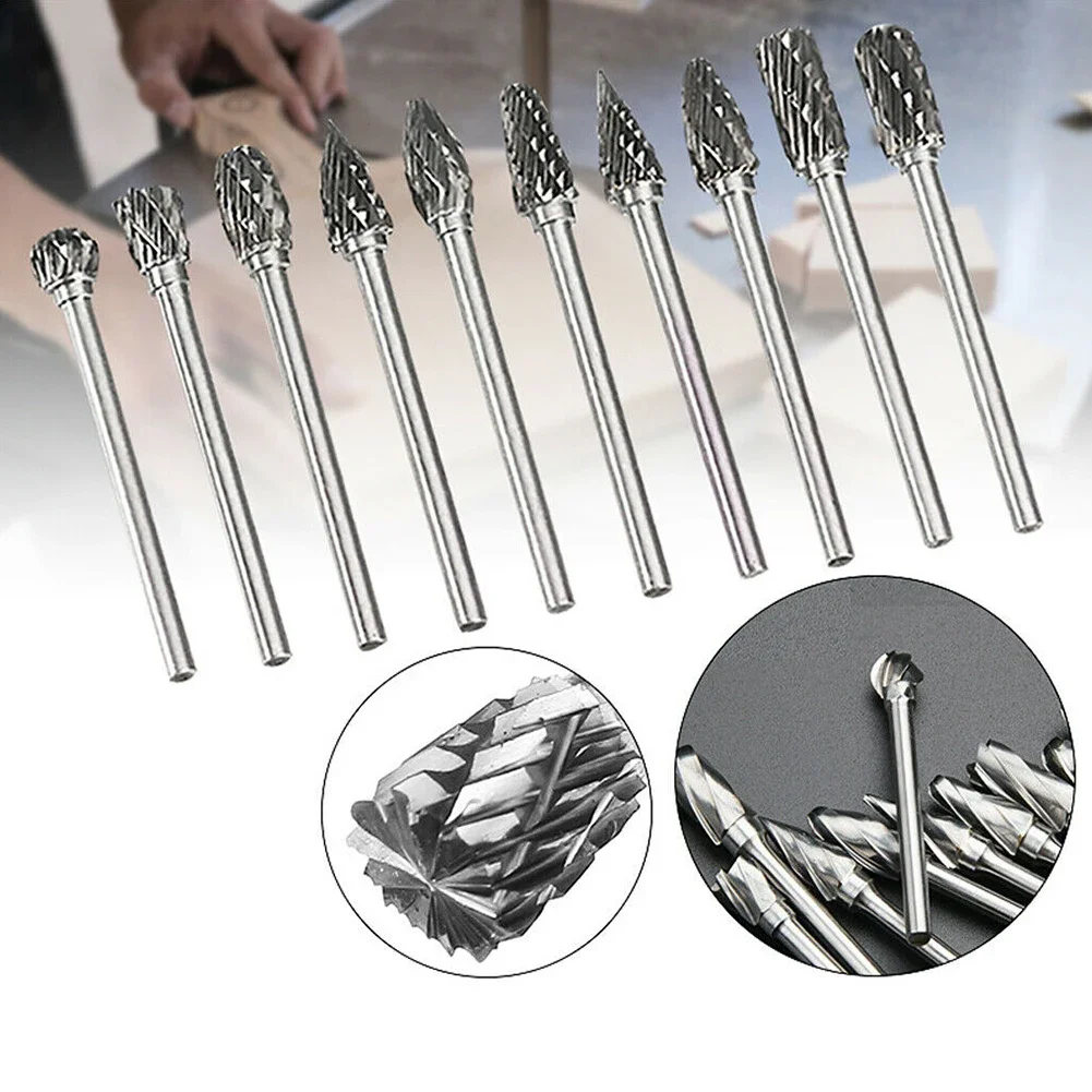 10 pz 1/8 "gambo fresa in metallo duro Set lima rotante in metallo lavorazione del legno per ghisa acciaio acciaio al carbonio plastica lavorazione del legno utensili manuali