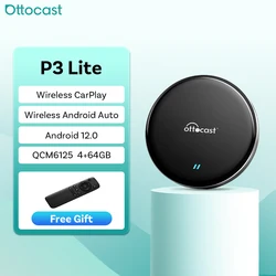 Ottocast P3 Lite Ai TV Box Wireless CarPlay Android Auto Adapter Qualcomm 665 8 Cores Ram 4GB Rom 64GB Android 12 Car Accesories