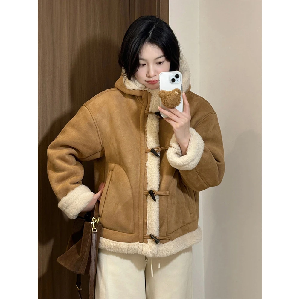 

Soft Warm Lamb Fleece Coat for Women Solid Hooded Windproof Horn Buckle Thick Jackets Female Fall Winter Fashion Overcoats