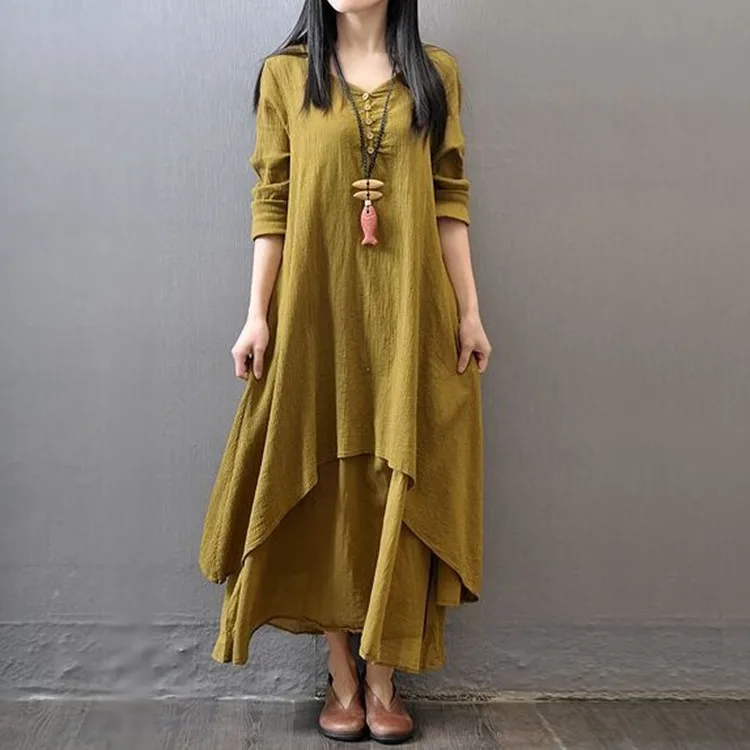 Casual Women's Dress Spring  Item Fake Two-piece Long  Artistic Display Linen Dress Loose Long Sleeved Cotton Linen