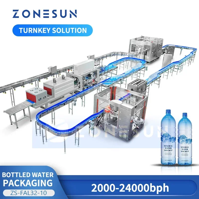 ZONESUN Automatische Mineralwasser-Filiermaschine, Verpackung, schlüsselfertige Lösung mit integrierter Linie, stromlinienförmige Produktion ZS-FAL32-10