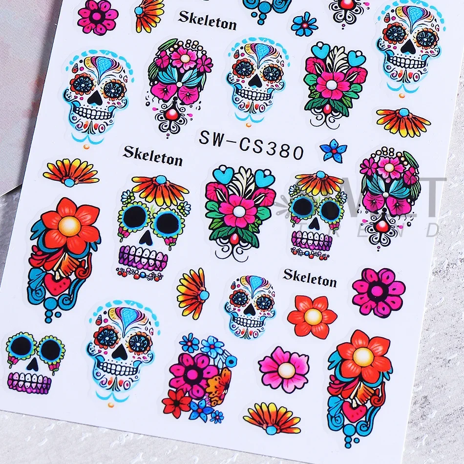 2 Stück Totenkopf-Nagelaufkleber Bunte Totenkopf-Blumen-Nagelsticker Selbstklebende Gothic-Skelett-Blumen Halloween-Maniküre-Dekoration – Detail 6