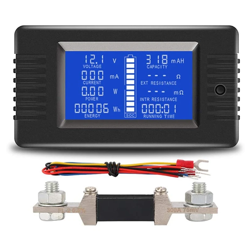 Battery Tester DC Voltage Current Power Capacity Internal External Resistance Residual Electricity Meter With 300A Shunt