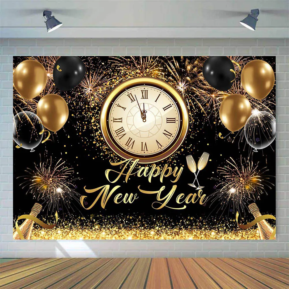 Mocsicka-Toile de fond de bonne année, ballon doré scintillant, feu d'artifice champagne, fond de photographie, décor de fête, accessoires de studio photo