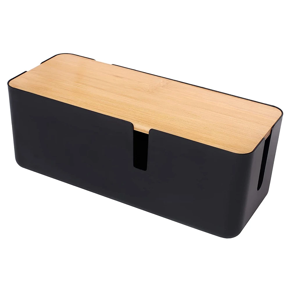 Cable Management Box with Bamboo Lid Small Cable Organizer Box for Extension Cord Power Stripe Surge Protector(Black)