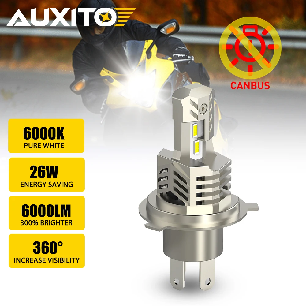 

AUXITO H4 LED Motorcycle Bulb 6000LM 26W 360 6000K Canbus Moto Headlight For Honda Yamaha Suzuki High Power ZES 12V Spotlights