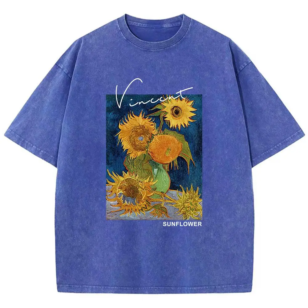 Van Gogh Sunflower Print Printed Male T-Shirt Graphic Cotton T-Shirts High-Quality Cool Tee Shirt Cute Oversized Short Sleeve