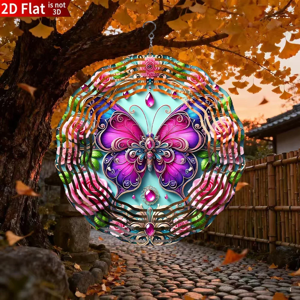 CIFBUY 2D Butterfly Rose Wind Chime Metal Spinner with 360 Rotating Hook Hanging Ornament for Garden Patio Porch Outdoor Indoor