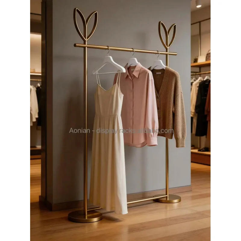 custom.New Design Golden Stainless Steel Display Rack Durable Display Rack Garment Shop