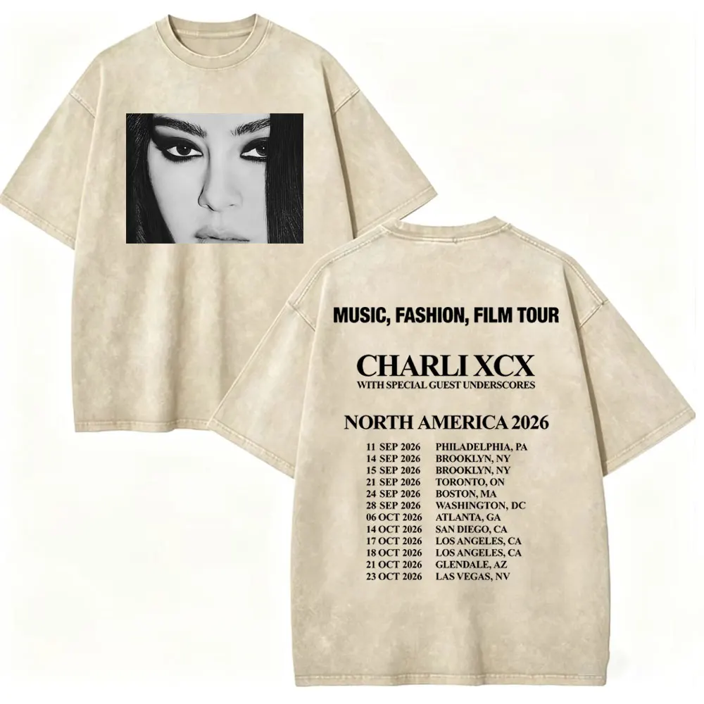 Charli Xcx Music Fashion Film Tour 2026 Vintage Washed T-shirts Men Women Street Rock T-shirt Summer Casual Short Sleeve T Shirt