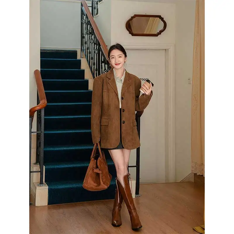 Women Clothes Autumn Winter Fashion Simplicity Button Solid Color Turn-down Collar Female Pocket Temperament Slim Cardigan Coat