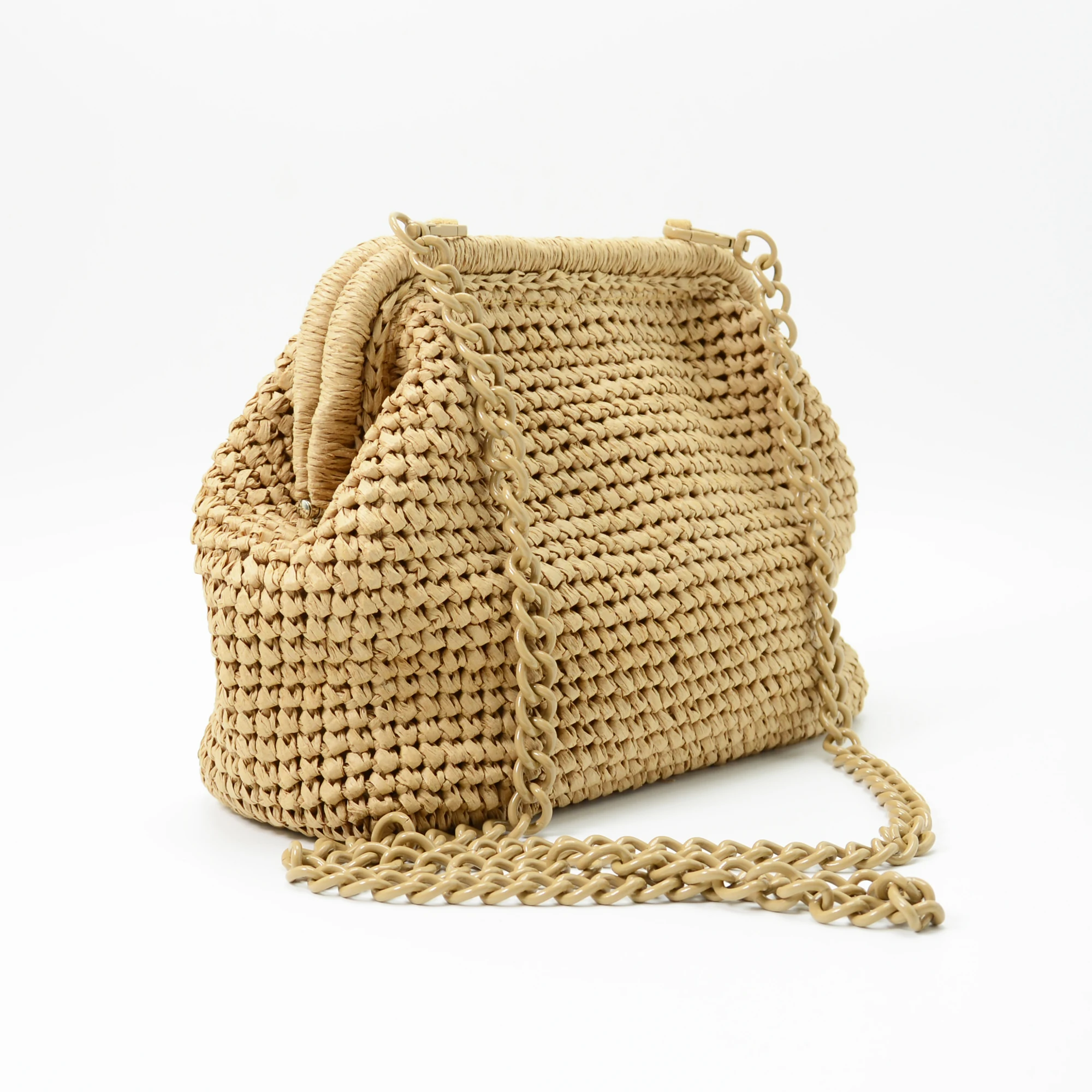 Handmade Crocheted Raffia Straw Clutch Cross Body Metal Chain