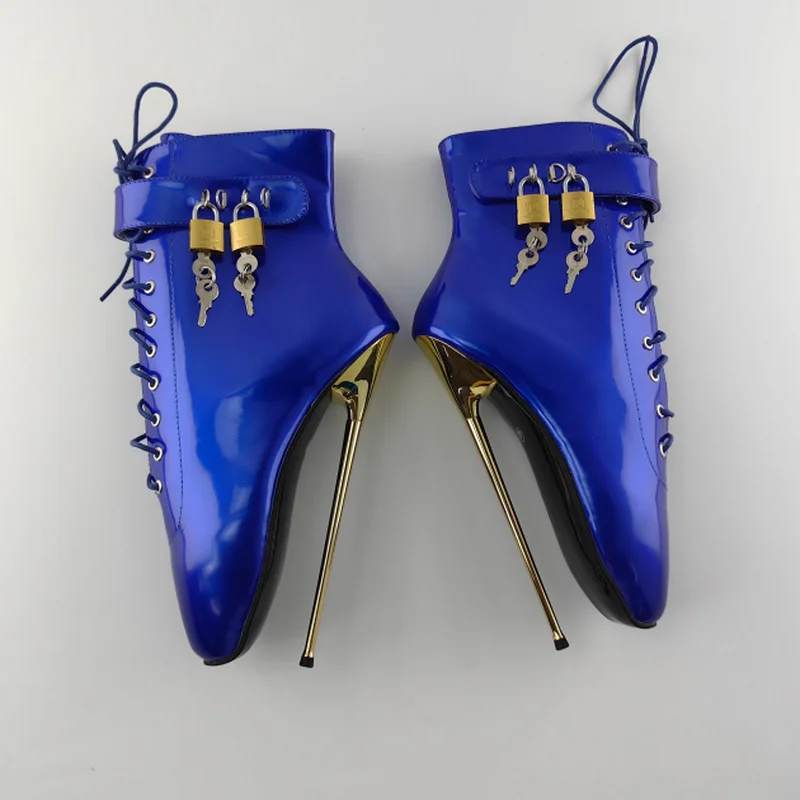 

FHC 22cm Metal High Heels Women Ankle Ballet Boots,Fetish Short Botas,Men Bed Cosply Shoes,Front Lace-up,Blue,Customized Colors