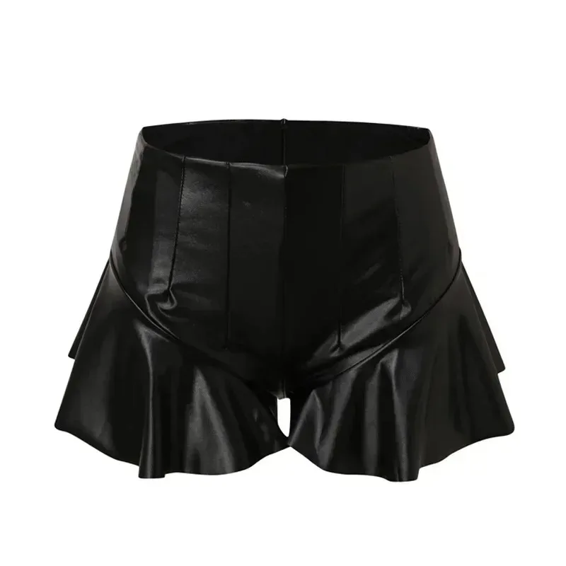 Women’s Shorts Summer High Waist Solid Color PU Leather Ruffle Trim Short Pants  High Waisted Shorts Sexy and High Elasticity