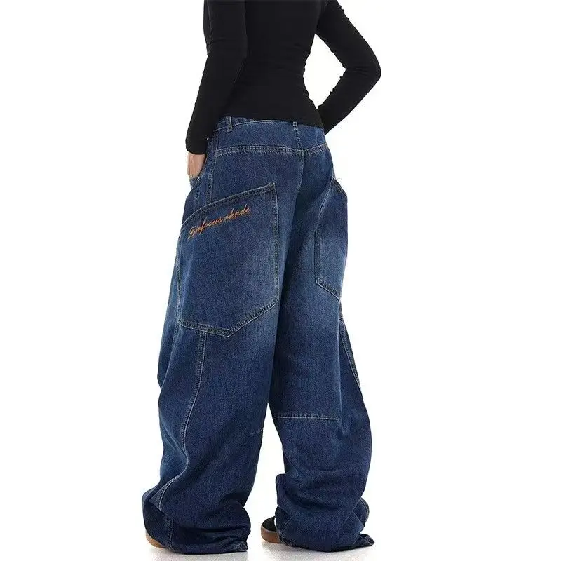 Embroidered Pockets Spliced ​​Washed Blue Scimitar Jeans For Women American Retro High-Waist 2000s Vintage Loose Wide-Leg Jeans