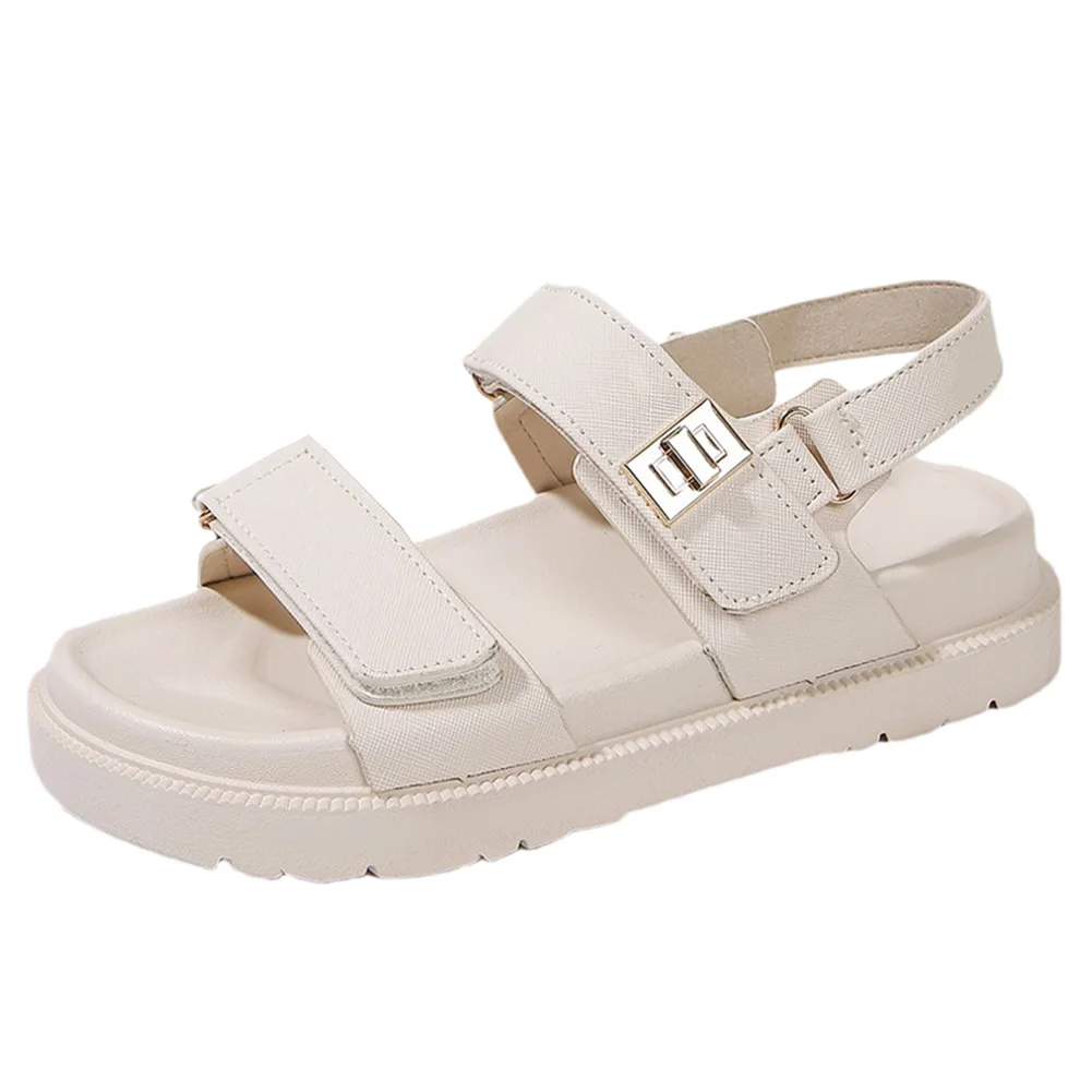 Sandalias de doble correa para mujer, zapatos cómodos de cuero con punta abierta, antideslizantes, ajustables, para playa y vacaciones de verano