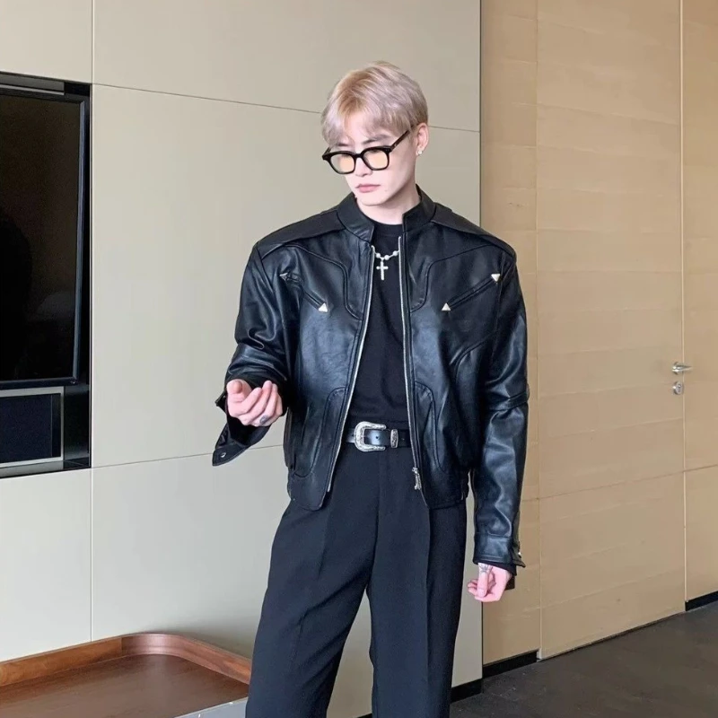 

Trendy Men's Women's PU Leather Jacket Retro Motorcycle Stand Collar Coat Short Oversized Black Premium Quality for Streetwear