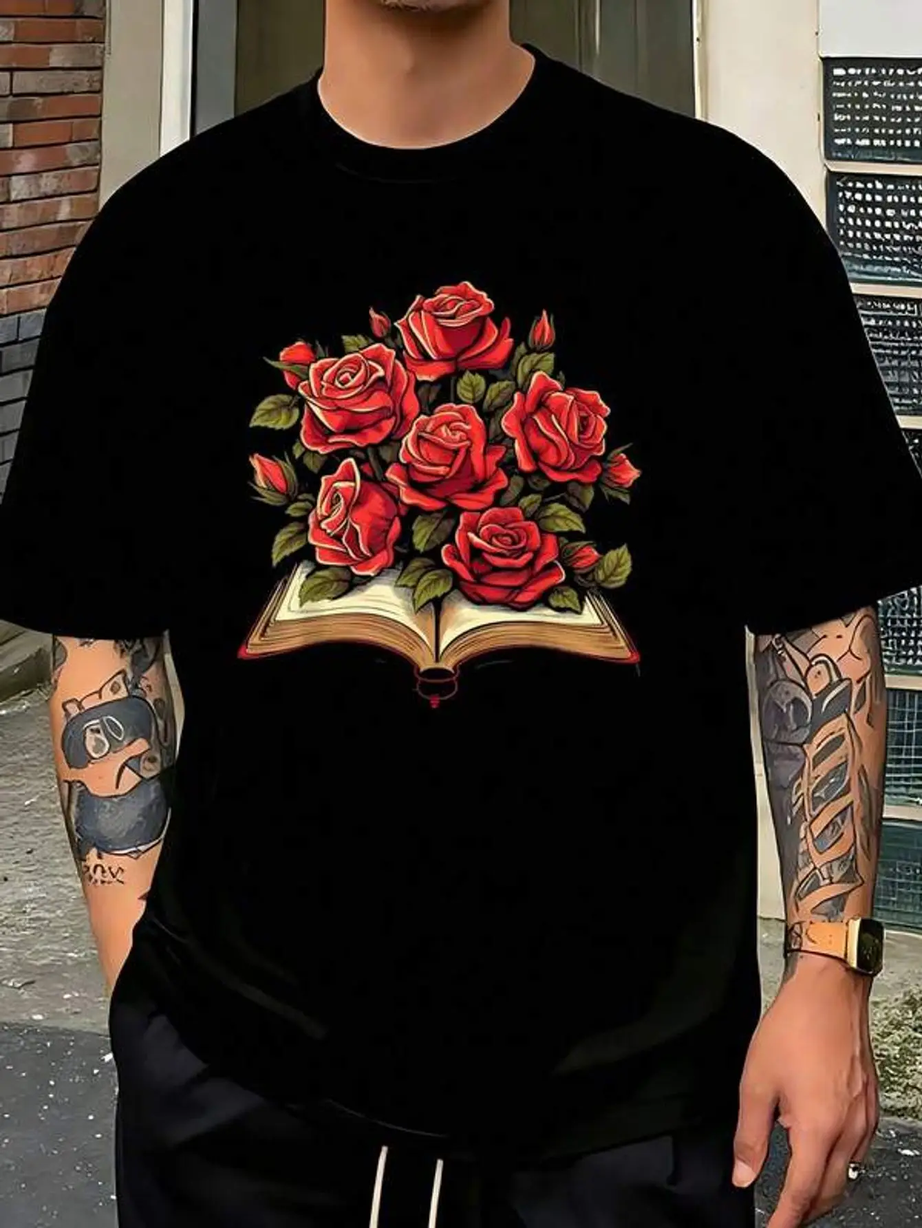 Red Roses Flowers Book Floral-Shirt       Jpg  Camisas Para Hombre Men's-Shirt Graphic Tees  Crop Tops  Outfits   Tops-Shirt