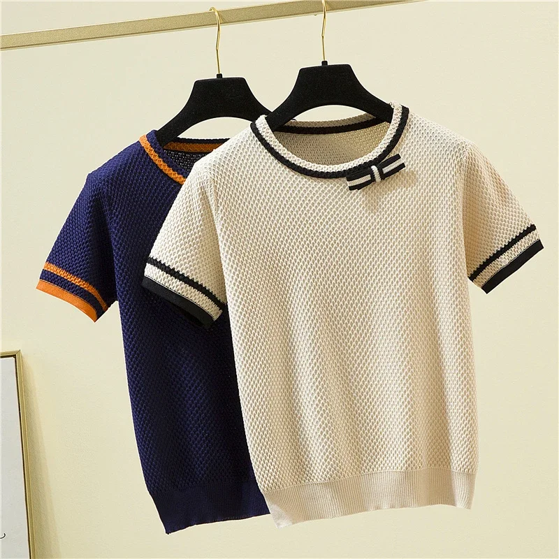 Fashion Bow Short Sleeve Top Women 2024 Summer Knitted Thin Sweater Loose Pullovers Sweaters Ladies Elasticity Pullover Clothes