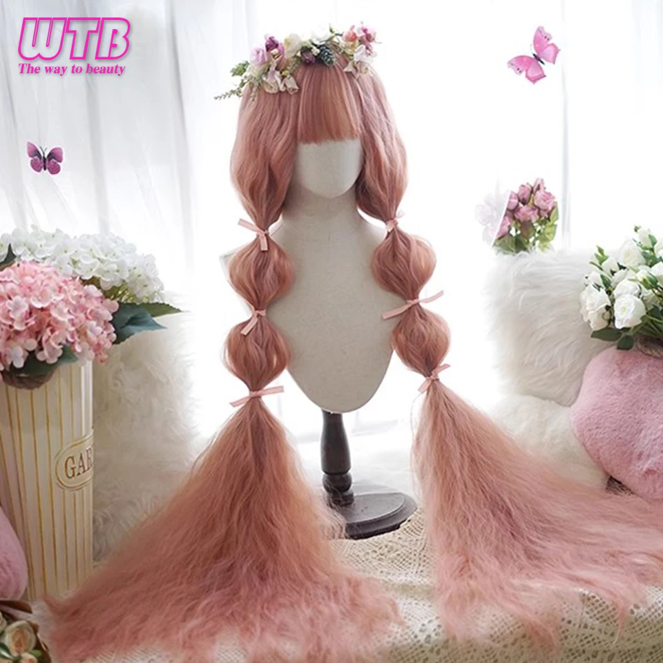 WTB  Synthetic 120cm Long Curly Cosplay Wig with Bangs Pink Blonde Brown Lolita Wig Women Christmas Party Corn Curly Wigs Female