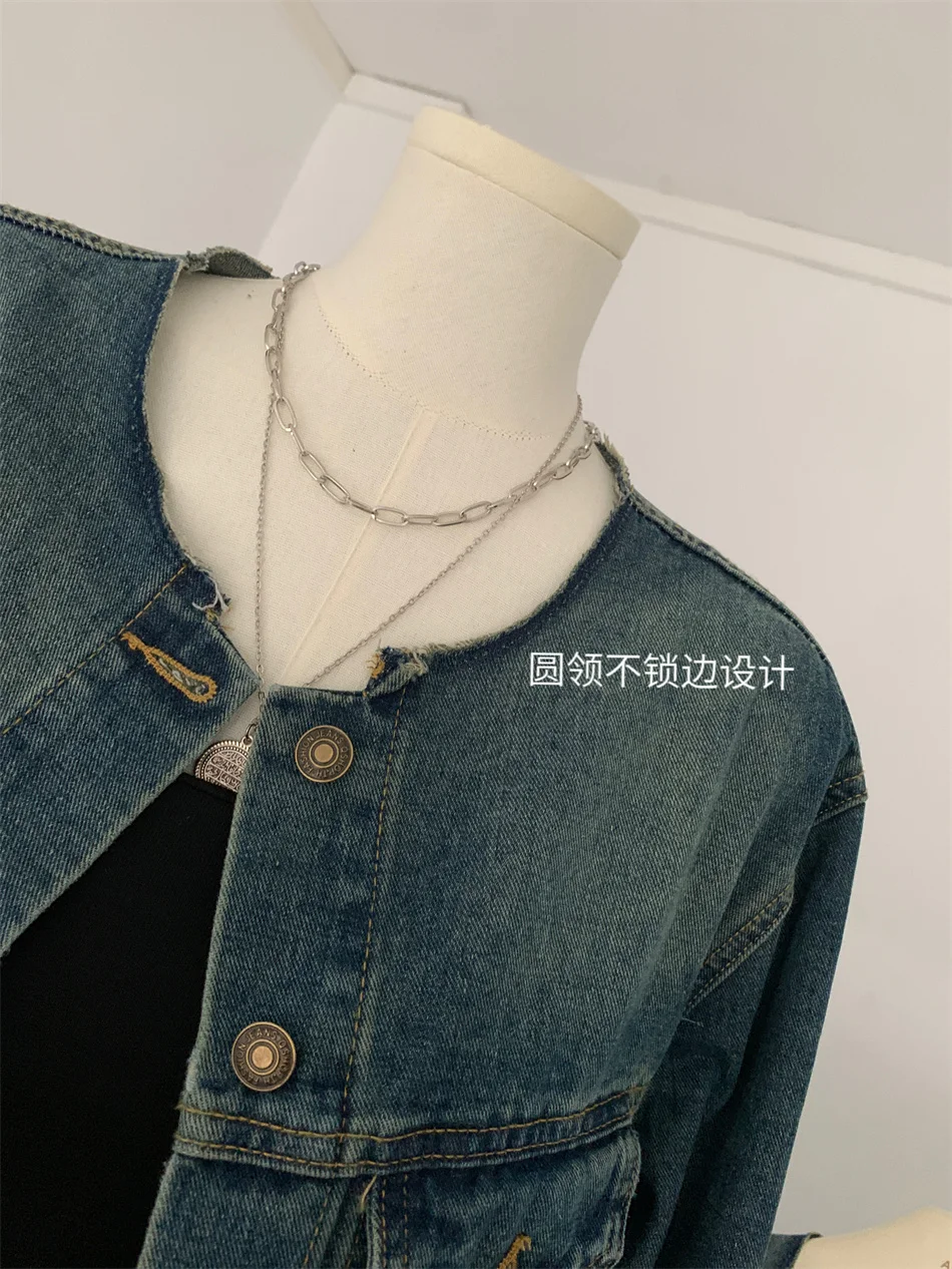 V-neck Denim Jacket Women's Vintage Autumn Chic Street Fashion Blue Long-sleeved Jacket For Women