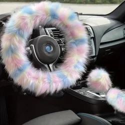 Fuzzy Steering Wheel Cover, Cute Fluffy Steering Wheel Cover With Rainbow Furry Handbrake  & Gear Shift Cover Fur Decor