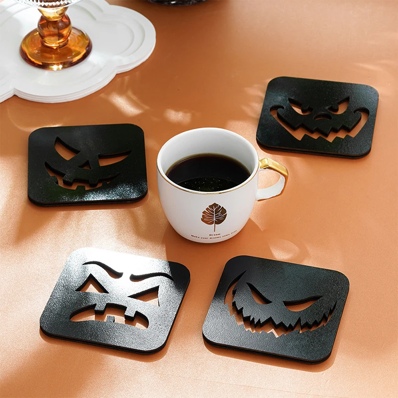 4pcs Halloween Coasters Wooden Hot Drink Coasters Creative Placemats For Home Countertop Halloween Parties Dining Room Cafe