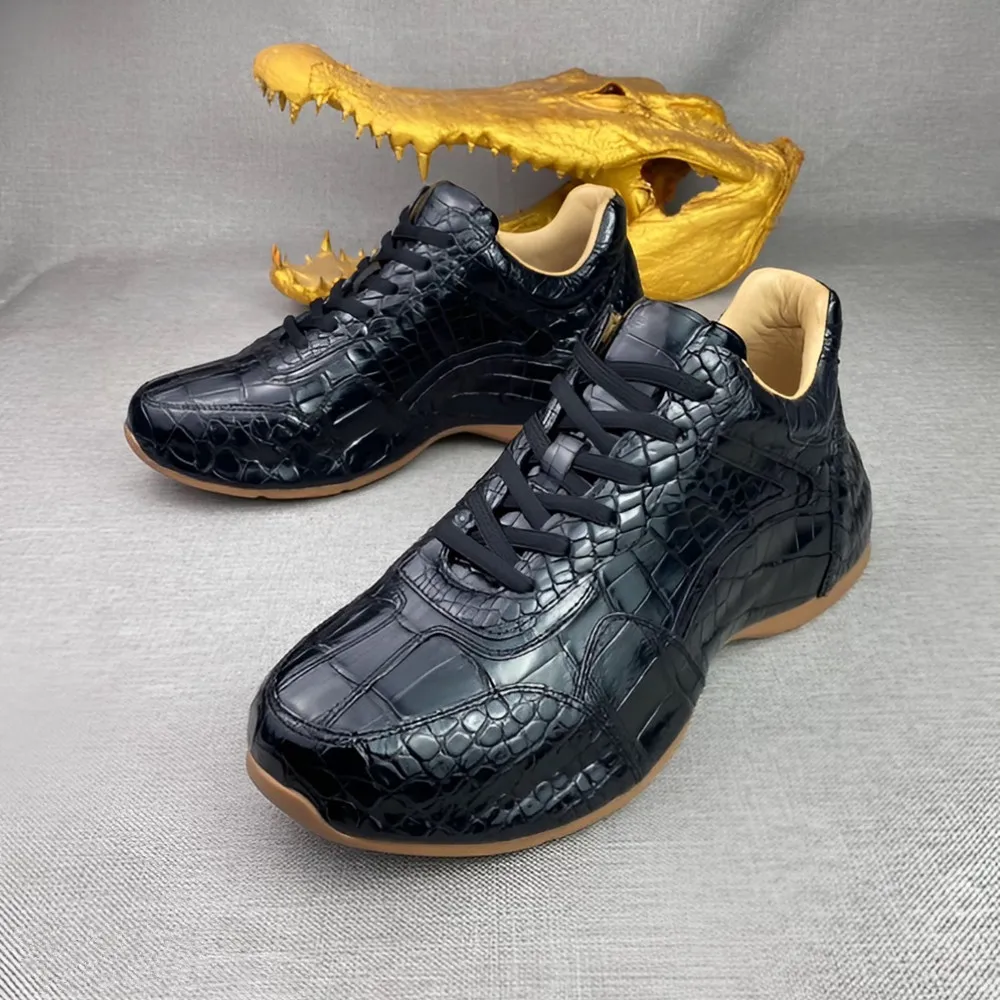 2026 new fashion authentic crocodile leather men's casual shoes real crocodile leather men's thick-soled sneakers lace-up shoes