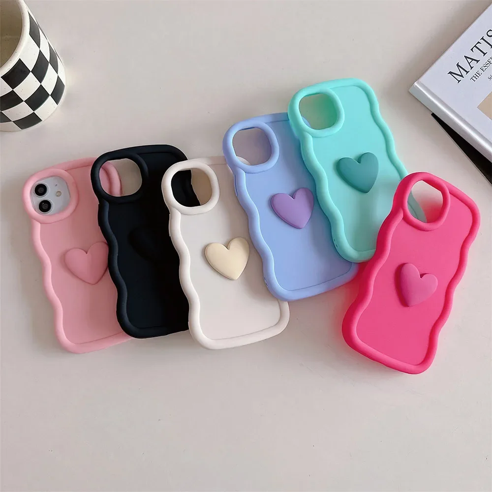 Süße 3D Love Heart Curly Wave Silikon Handyhülle für Samsung Galaxy S24 Ultra S23 S22 Plus FE M14 M34 M54 M15 M55