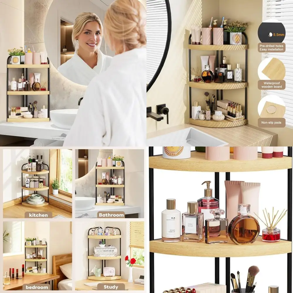 

Компактная трехъярусная угловая полка для стойки в ванной комнате, органайзер для туалетного столика без сверления с отделкой под дерево