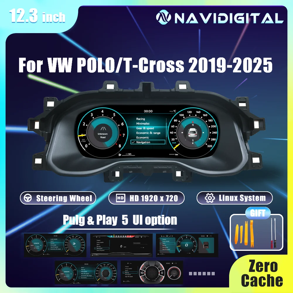 Cruscotto LCD Navidigital da 12,3 Pollici per VW POLO T-Cross 2019-2025, Pannello LCD per Auto, Tachimetro, Cockpit Virtuale