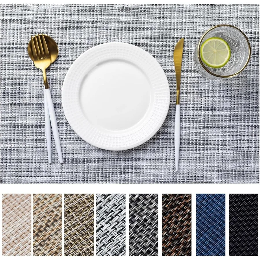 

Set of 4 Vinyl Plastic Woven Placemats for Kitchen Table Indoor and Outdoor Use Washable and Wipeable Dining Table Mats in Gray