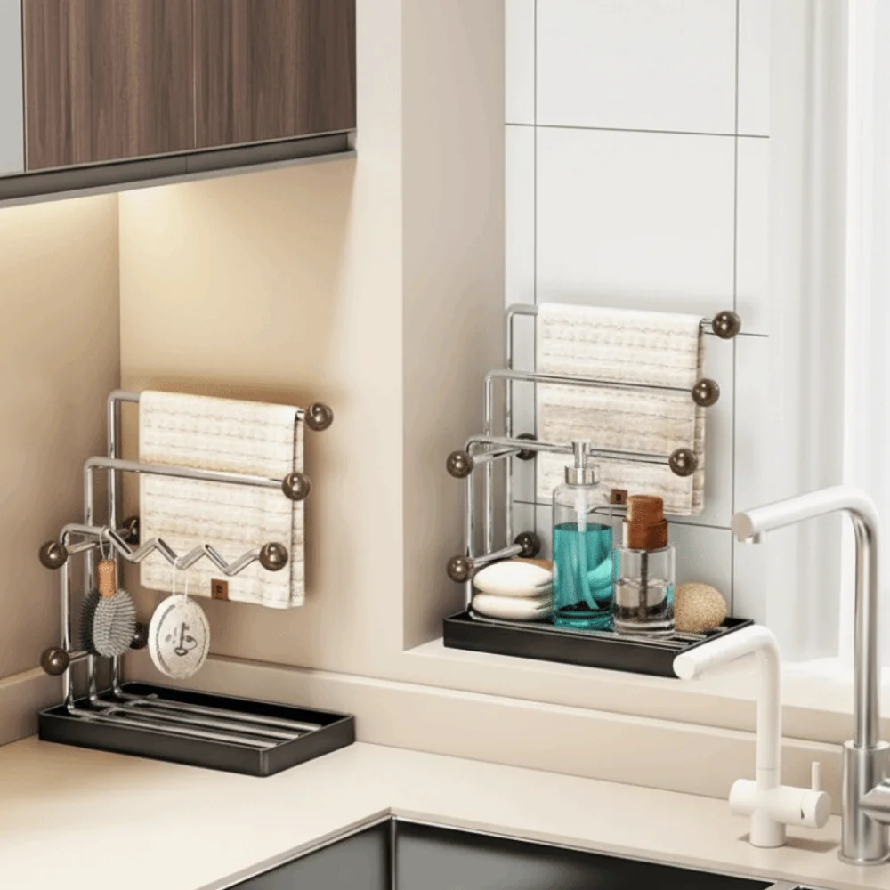 Stainless Steel Kitchen Rag Drying Rack Anti-rust Multi-functional Towel Holder with Drainage Tray Sponge Dishcloth Towel Holder