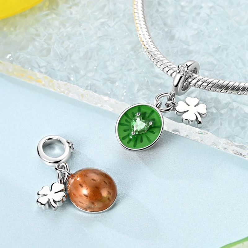 

925 Sterling Silver Charms Bead CZ Zircon Kiwifruit Clover Dangle Fit Original Bracelet DIY Women Jewelry Gift
