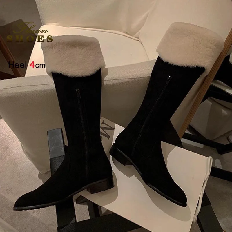 

2025 Fashion 4cm Black Knee Length Boots Women Warm Cotton Shoes Winter Thick Fleece Lined ThickenedHeight Increase Long Boots
