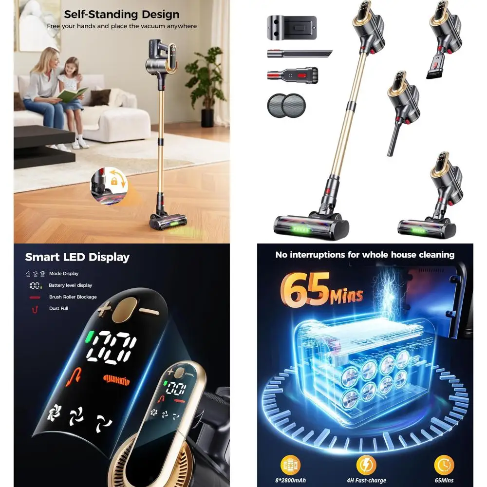 

550W 45Kpa Lightweight Stick Vacuum Cleaner with 65-Minute Run Time, LED Display, and Self-Standing Feature for Carpet and Hardw