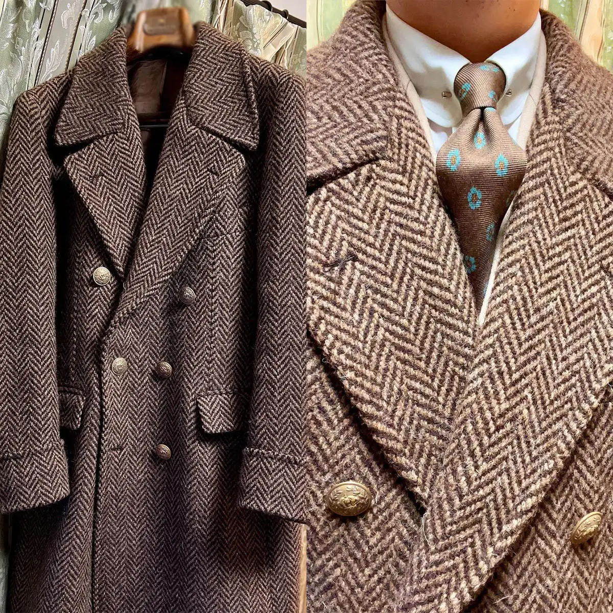 

Vintage Men's Tweed Long Overcoat Wool Herringbone Suit Double Breasted Tailored Coat