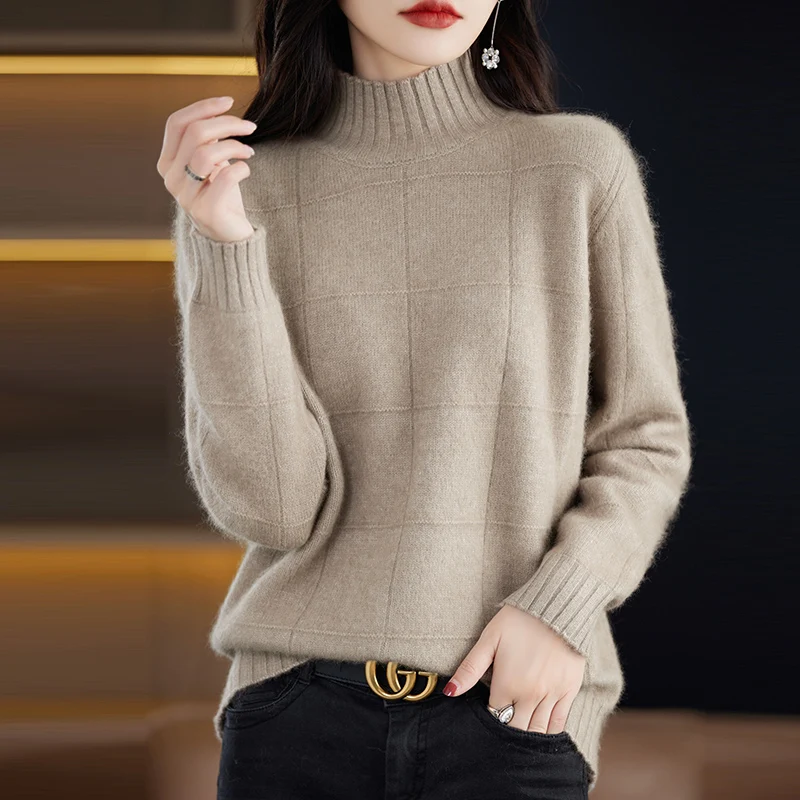 Autumn and Winter New High Collar Women's Sweater 100% Pure Mink Cashmere Knitted Pullover Solid Color Slim Fit Fashion Top