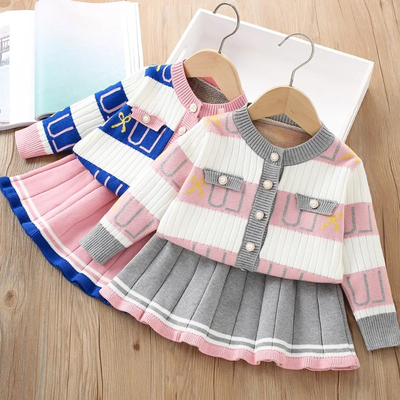 

Girls Sweaters Sets Autumn Winter Warm Knitted Cardigan+Skirt Fashion Korean Children Clothing Suits Fall Kids Outfits Set 2-6Y