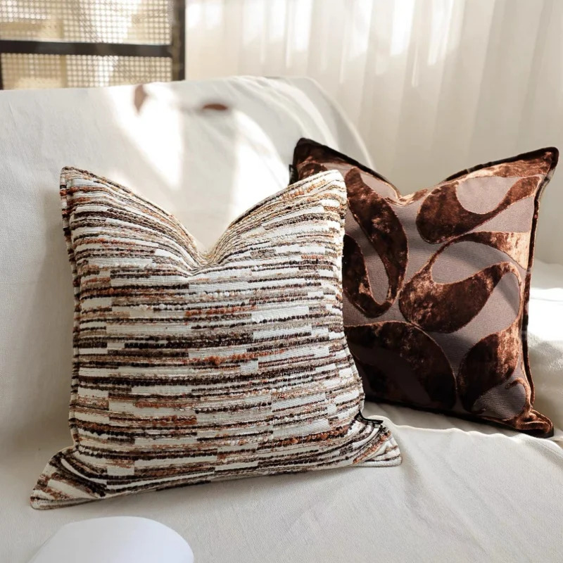 Brown Velvet Jacquard Pillows Modern Geometric Cushion Case Classical Stripe Decorative Pillow Cover For Sofa Chair Home Decora